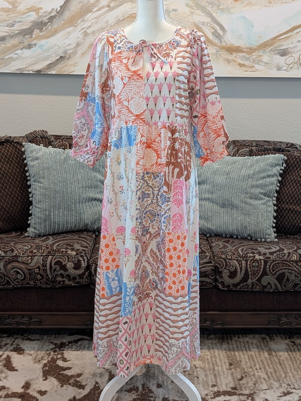 Boho Patchwork Maxi Dress - Pink & Orange
